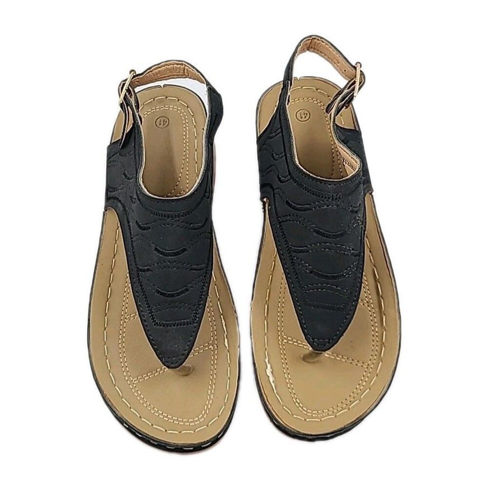 Womens Sling Back Thong Sandals Black Faux Suede Cushion Size 41 OR 9.